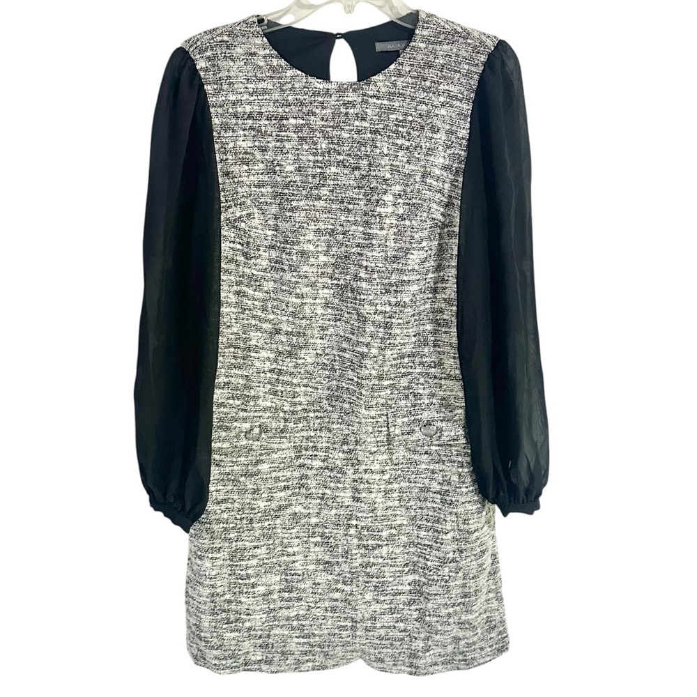 Julia Jordan Black White Tweed Chiffon Long Sleeve Preppy Office Dress Size 2